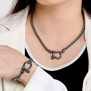 Horseshoe Silver Bracelet Necklace Set HoreseBit Stainless Steel Hypoaller…